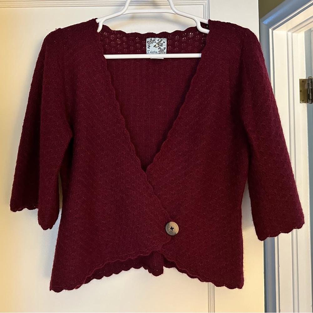 Anthropologie Tabitha Deep Red Wool Cardigan with Scalloped Edges, Size L